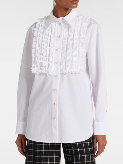 Ruffled White Cotton Shirt - Tops