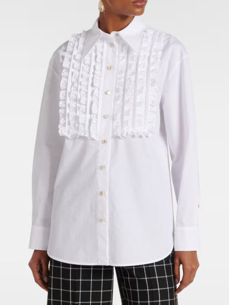 Ruffled White Cotton Shirt - Tops