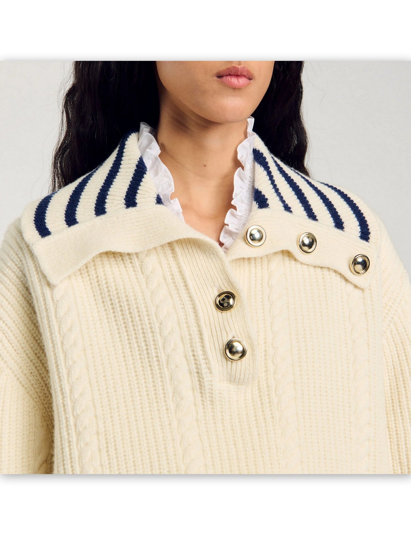 Sailor-Neck Polo Sweater with Stripes in Ecru - Sweaters & Knitwear