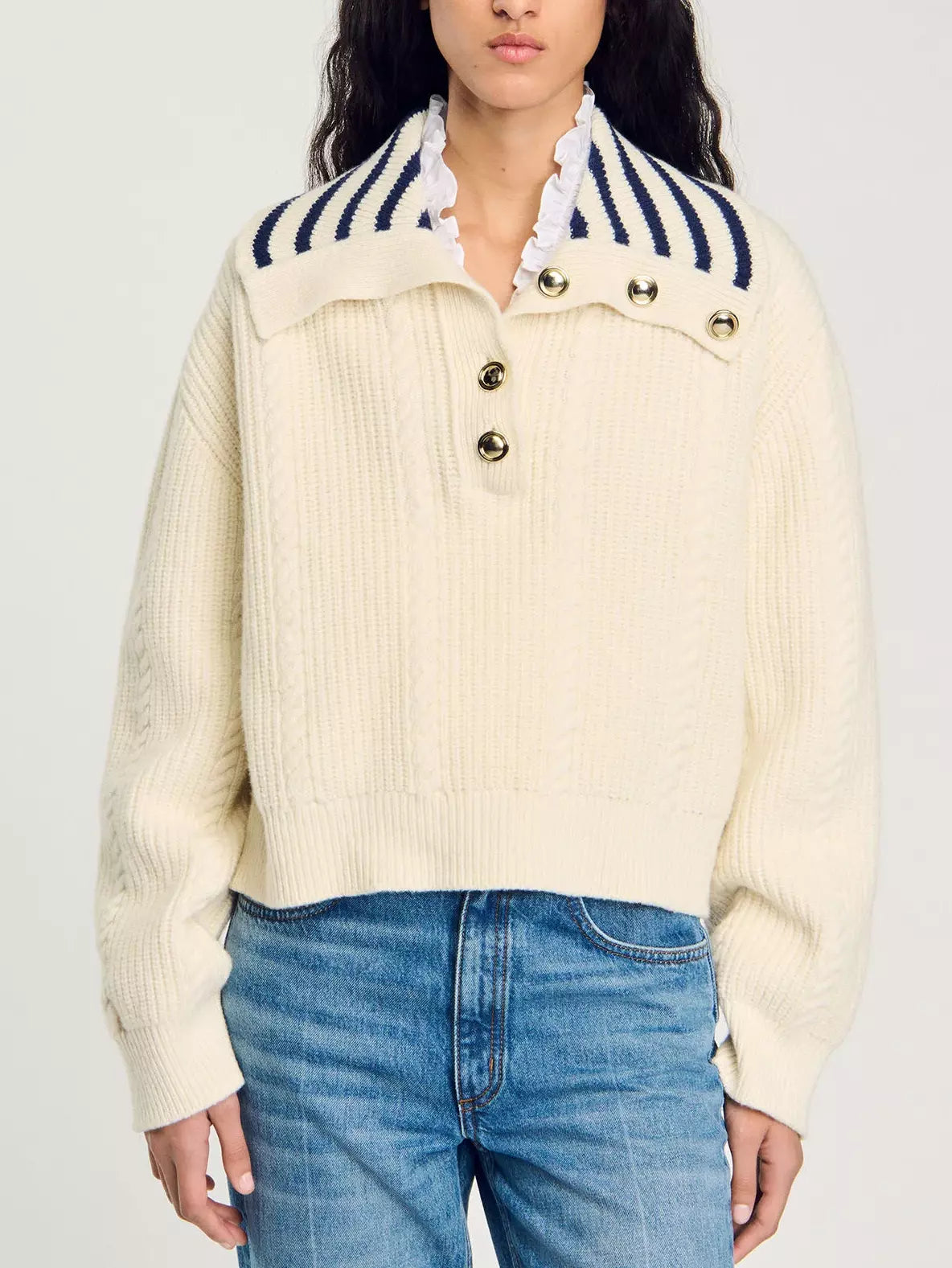 Sailor-Neck Polo Sweater with Stripes in Ecru - Sweaters & Knitwear