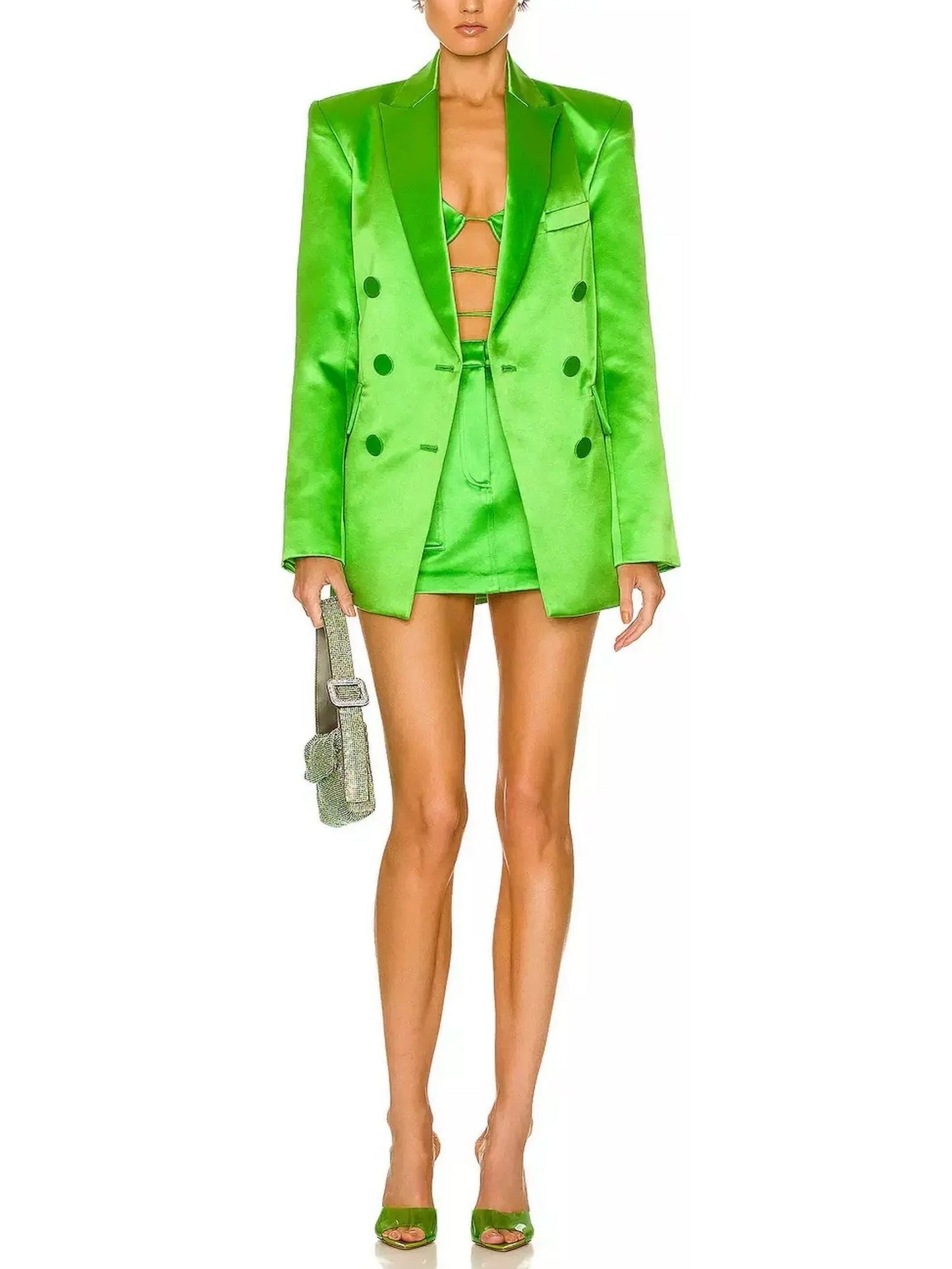 Satin Double-Breasted Blazer and Skirt Set in Green - s - Suits & Sets