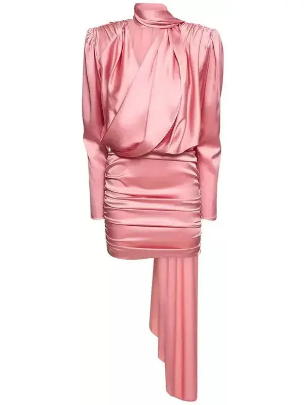 Satin Draped Mini Dress With Scarf Pink - Dresses