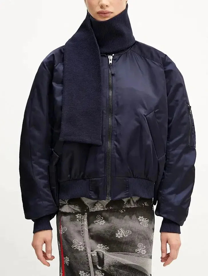 Scarf-Attached Bomber Jacket - Jackets