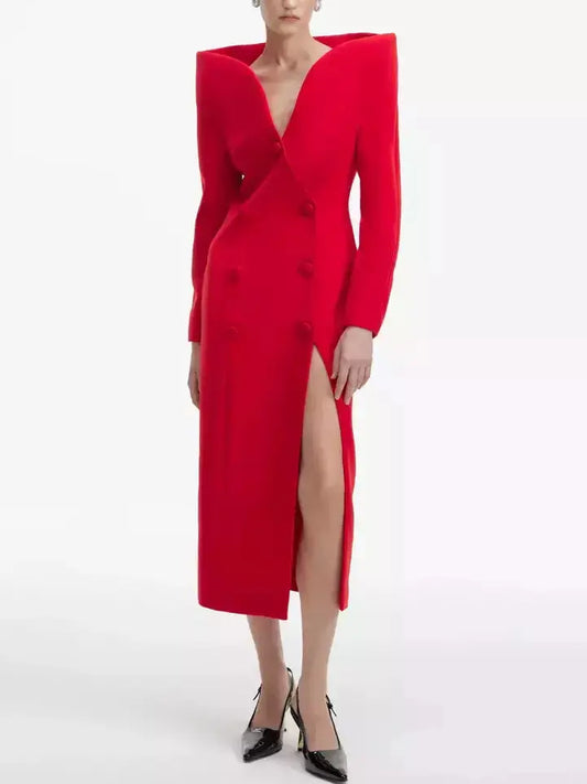 Sculptured-Collar Buttoned Red Midi Dress - Dresses