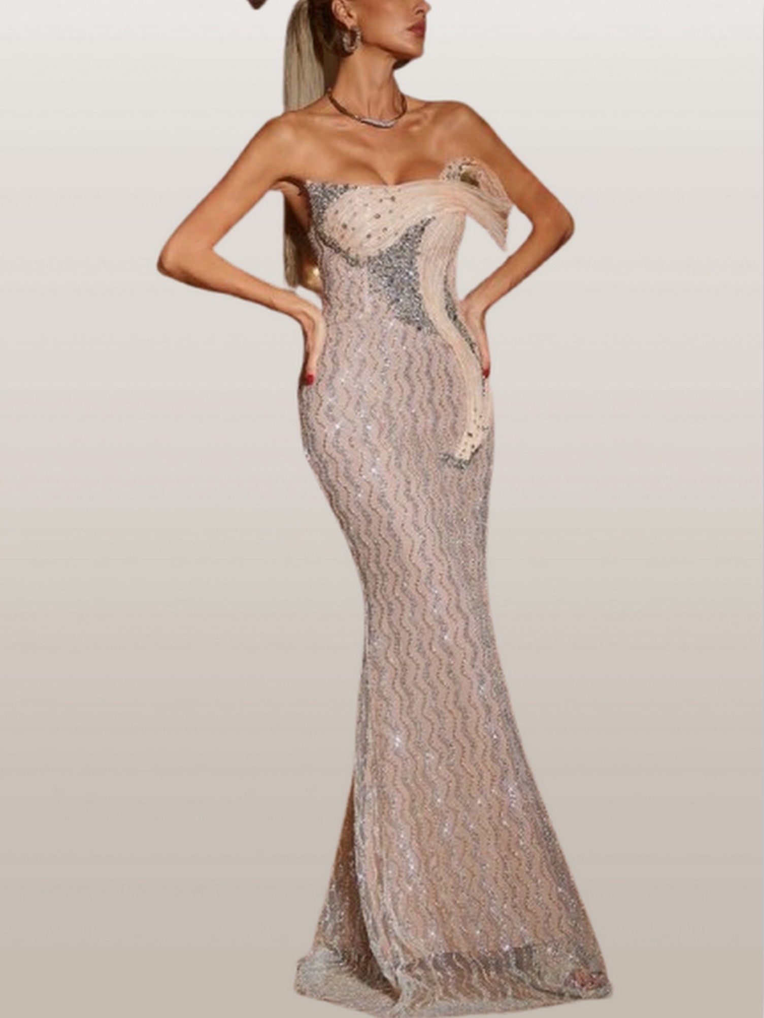 Sculptured Embellished Strapless Gown - Dresses