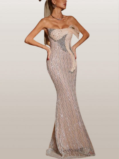 Sculptured Embellished Strapless Gown - Dresses