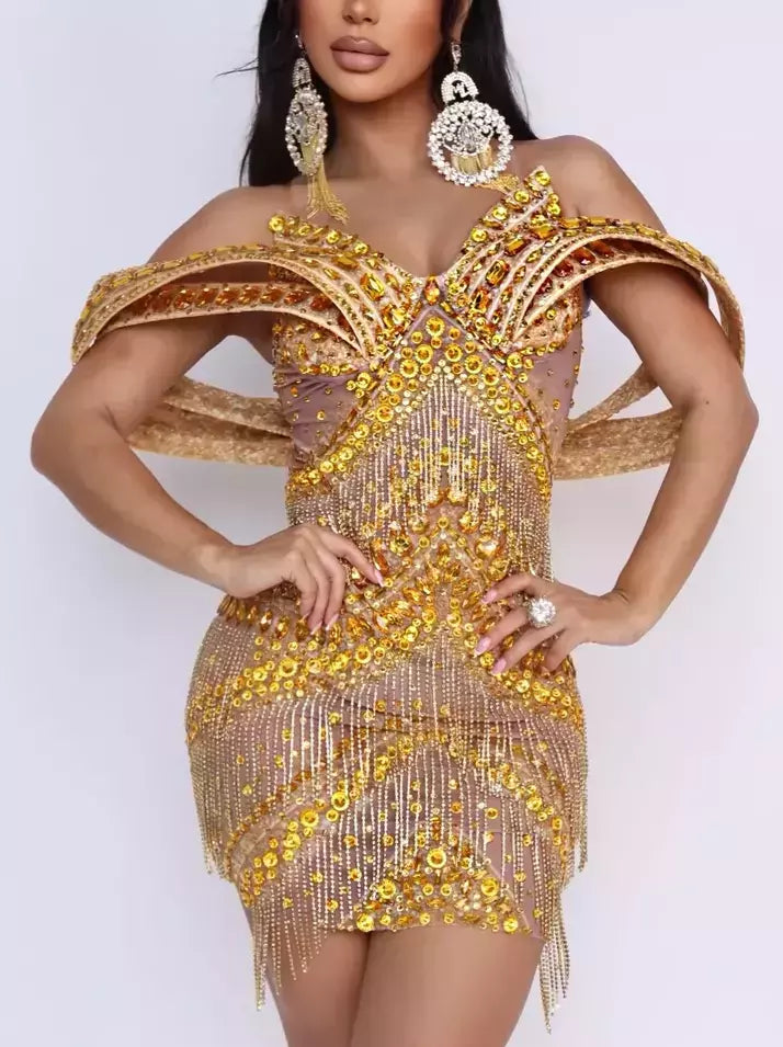 Gold beaded Sculptured Off-Shoulder Embellished Sheer Mini Dress showcased elegantly