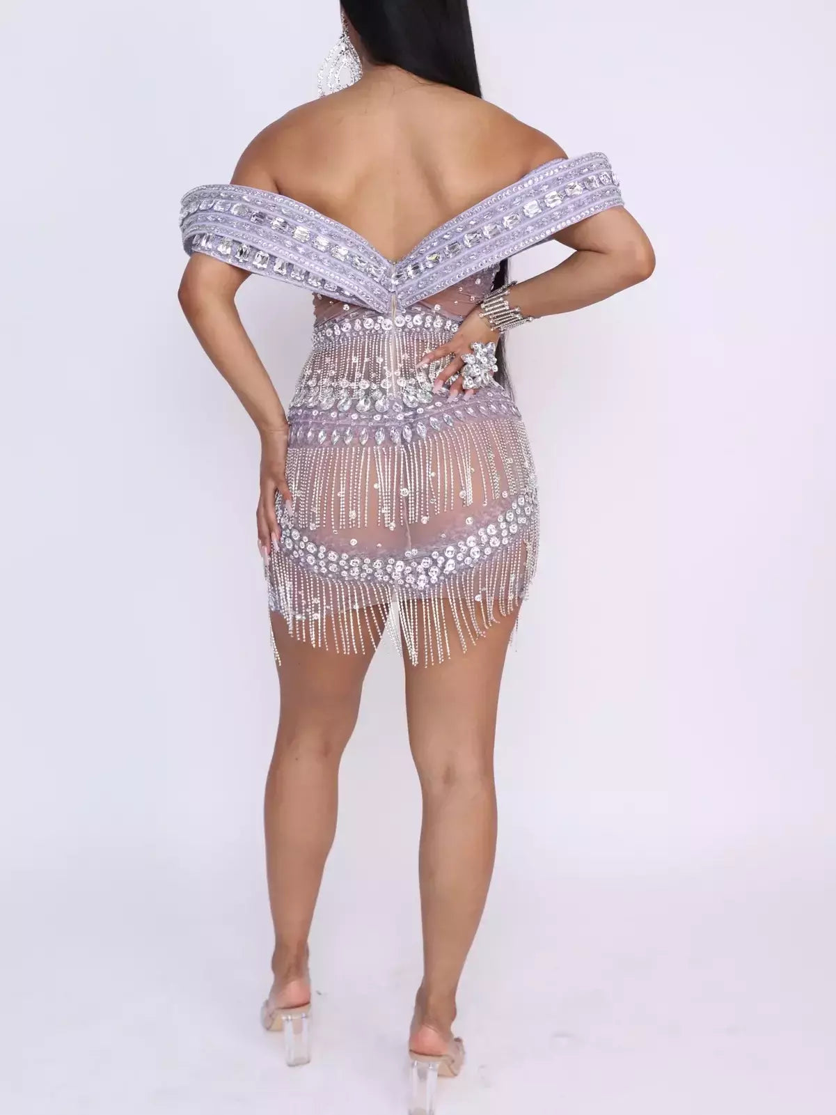 Sculptured Off-Shoulder Embellished Sheer Mini Dress in Silver with delicate beading