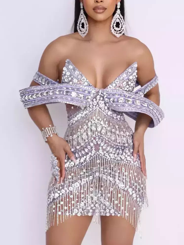 Sculptured Off-Shoulder Embellished Sheer Mini Dress in Silver with sparkly details
