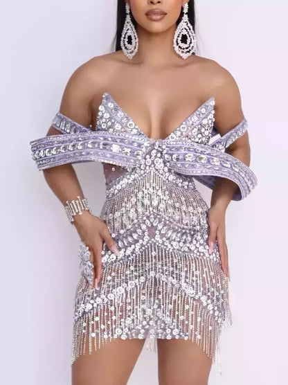 Sculptured Off-Shoulder Embellished Sheer Mini Dress in Silver with sparkly details