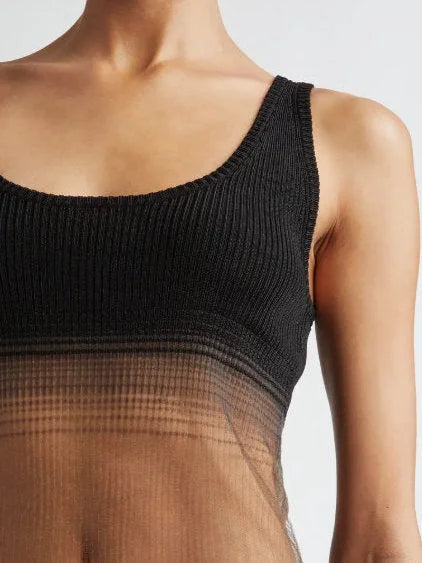 Semi-Sheer Ribbed Knit Tank Top - Tops