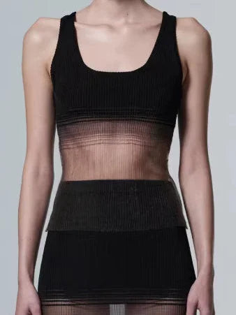 Semi-Sheer Ribbed Knit Tank Top - Tops