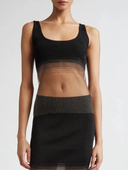 Semi-Sheer Ribbed Knit Tank Top - Small - Tops