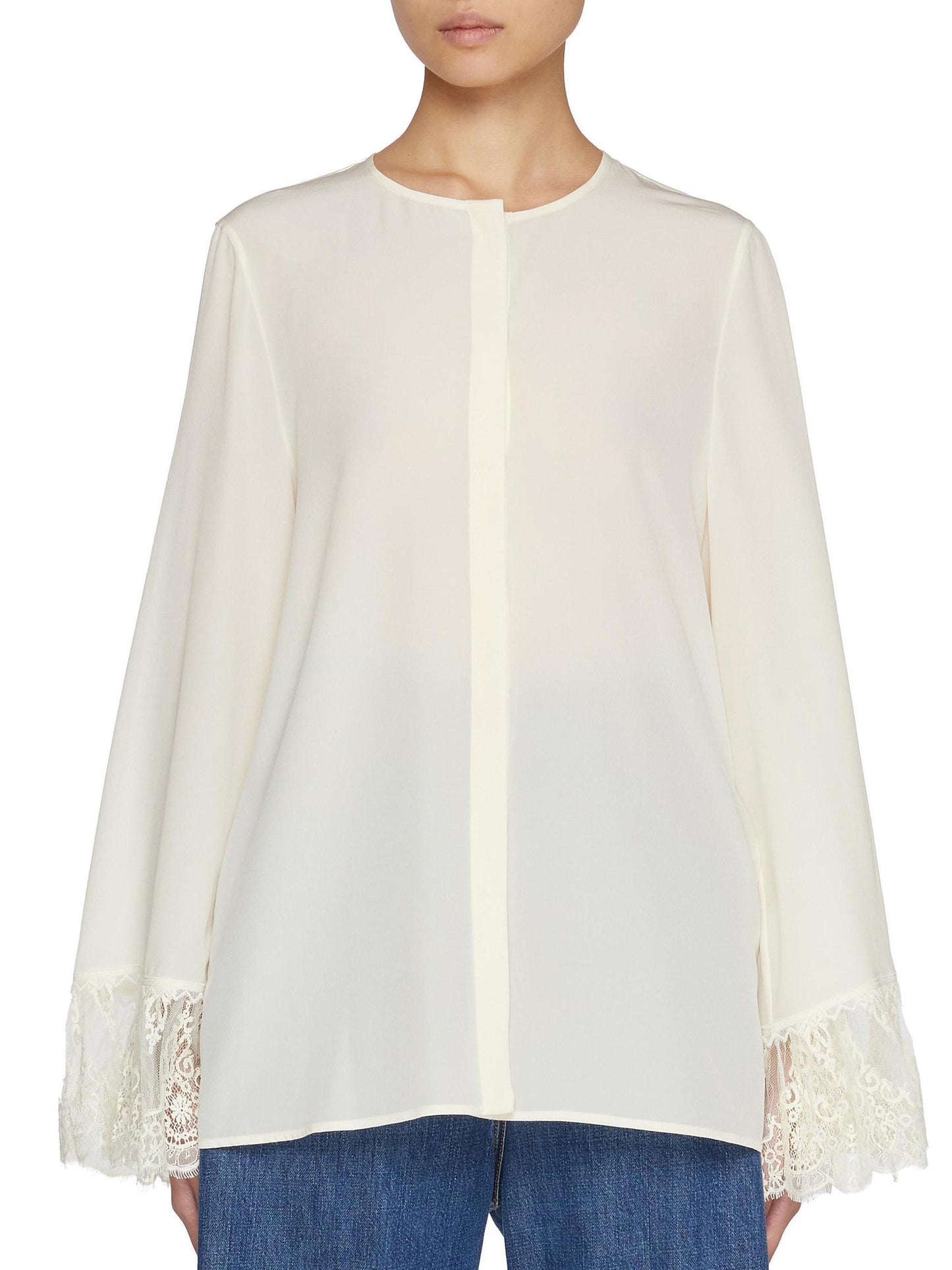 Semi-Sheer Silk Blouse with Lace Cuffs - Tops