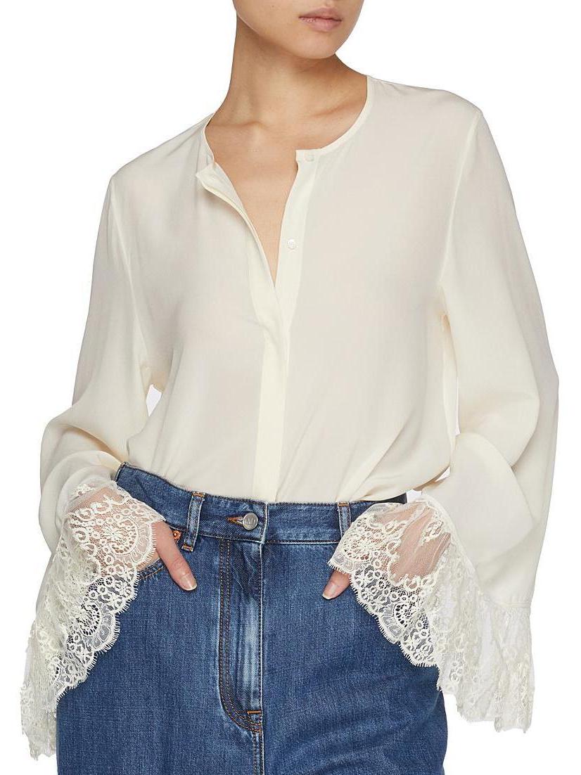 Semi-Sheer Silk Blouse with Lace Cuffs - Tops