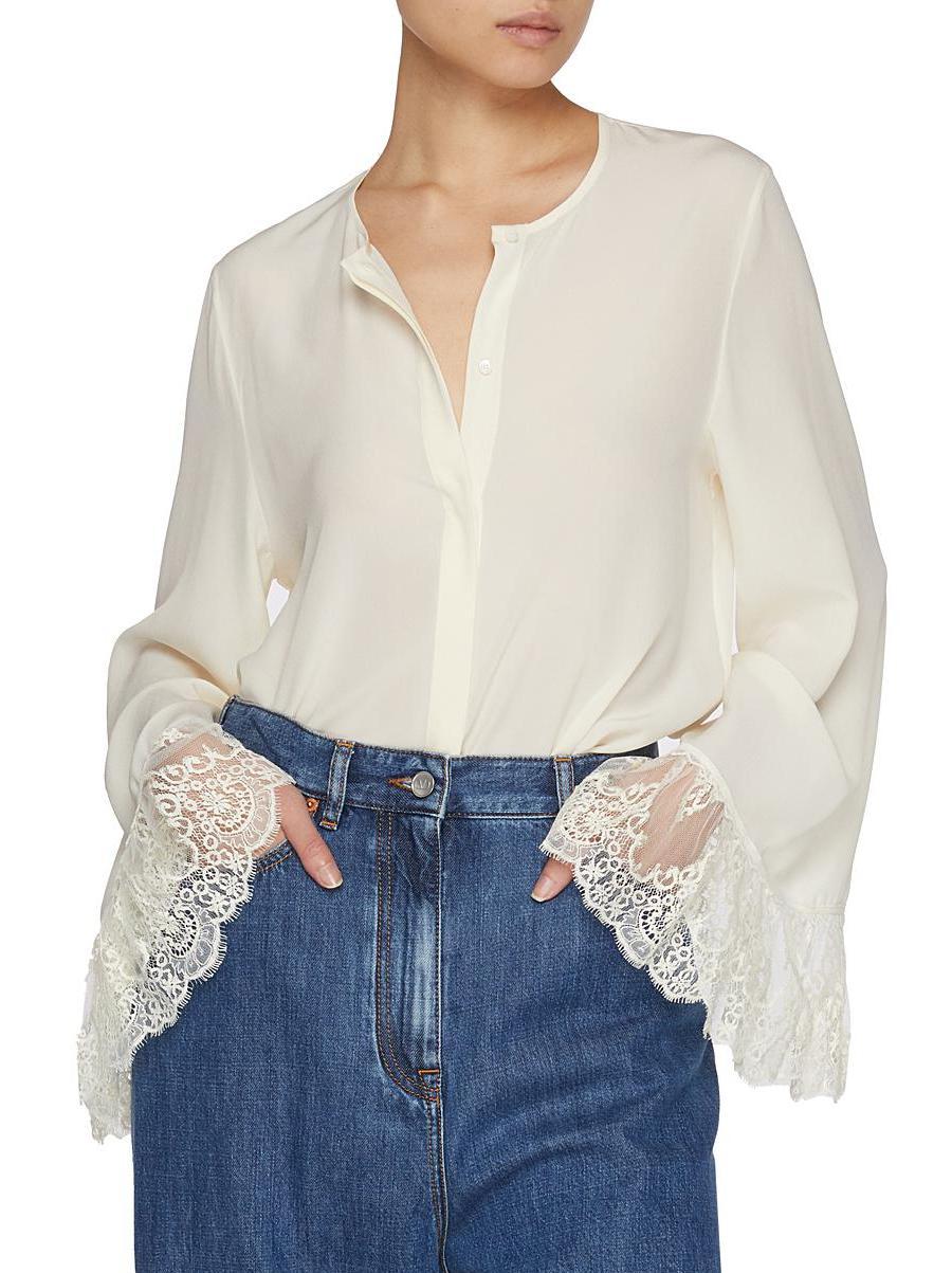 Semi-Sheer Silk Blouse with Lace Cuffs - Tops