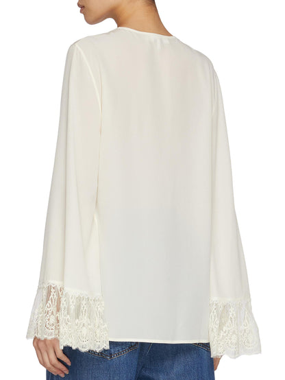 Semi-Sheer Silk Blouse with Lace Cuffs - Tops