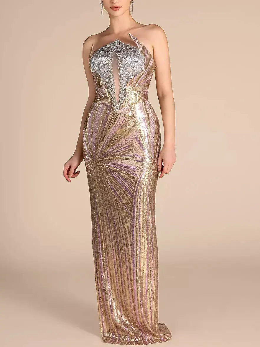 Sequin and Crystal Embellished Sleeveless Gown - Dresses