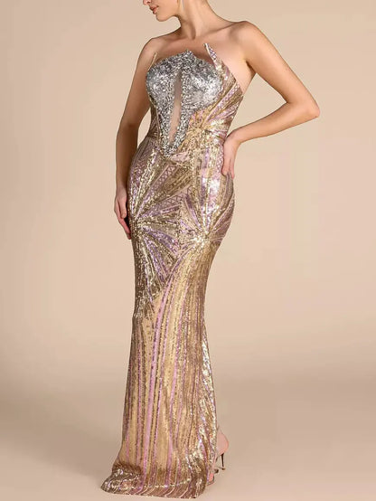 Sequin and Crystal Embellished Sleeveless Gown - Dresses