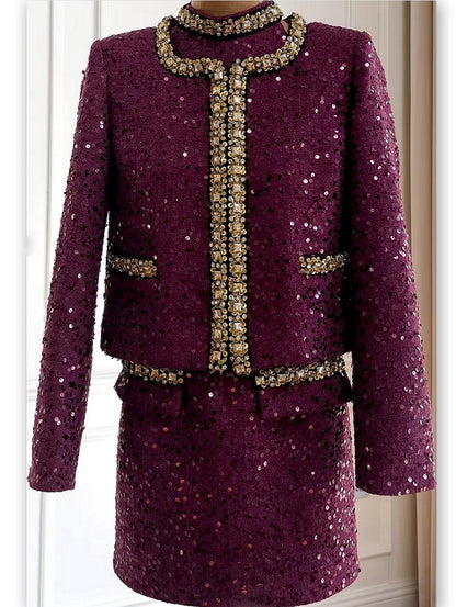 Sequin and Jewel Embellished Tweed Dress and Jacket Set - Suits & Sets