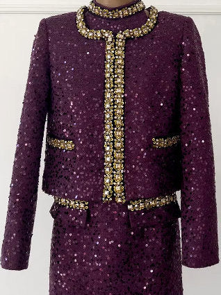 Sequin and Jewel Embellished Tweed Dress and Jacket Set - Suits & Sets