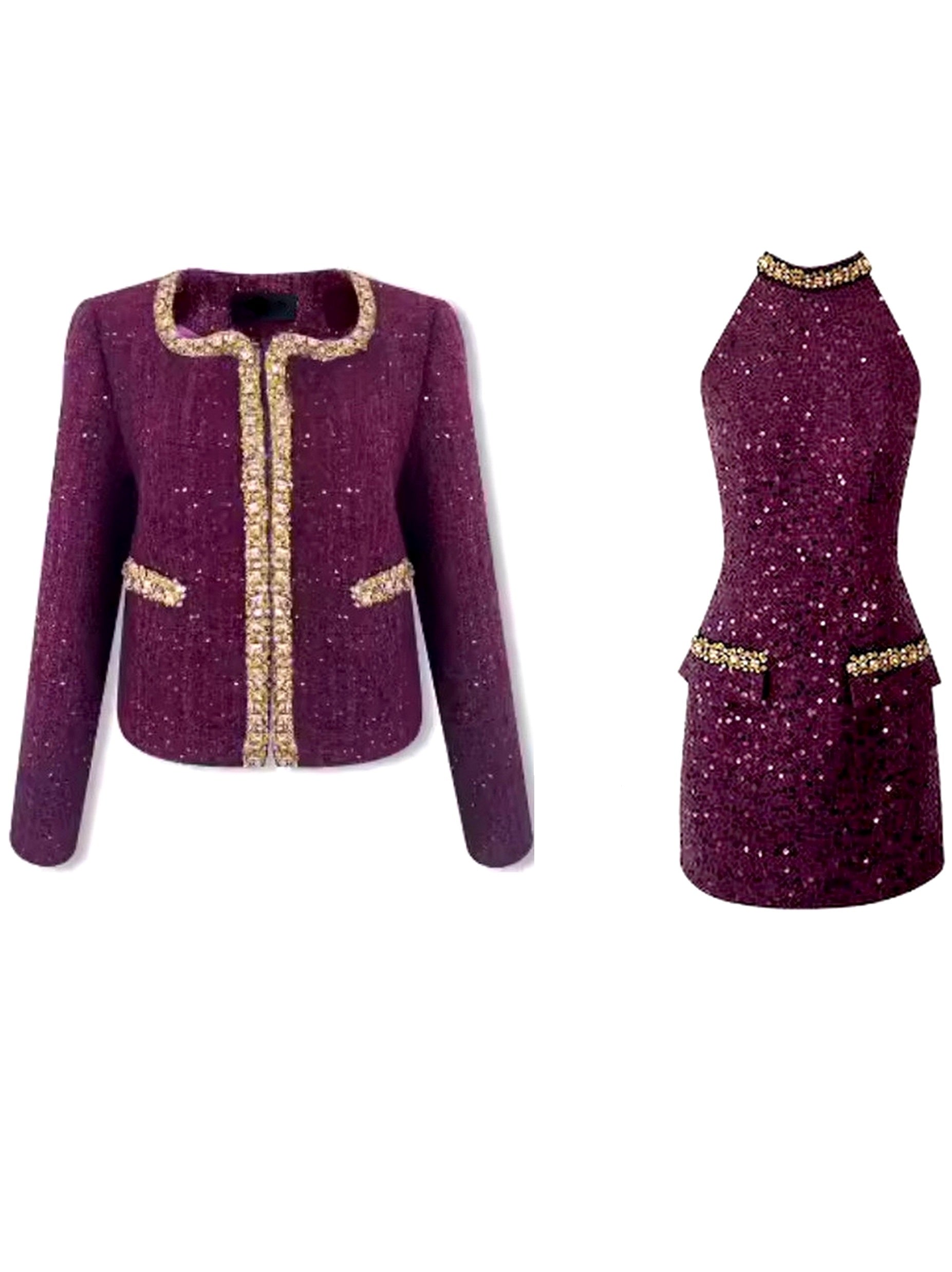 Sequin and Jewel Embellished Tweed Dress and Jacket Set - Suits & Sets