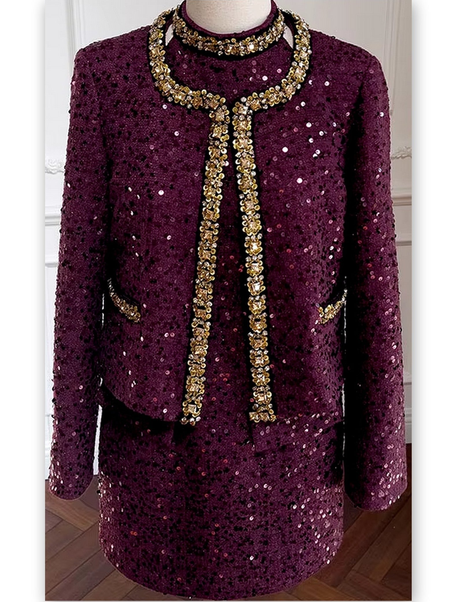 Sequin and Jewel Embellished Tweed Dress and Jacket Set - Suits & Sets