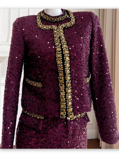 Sequin and Jewel Embellished Tweed Dress and Jacket Set - Suits & Sets