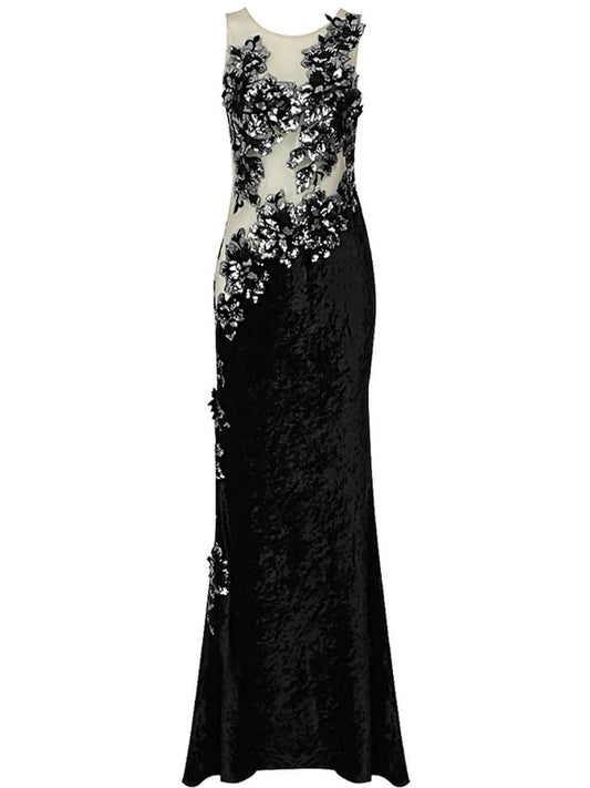 Sequin-Applique Embroidered Mesh and Velvet Gown - xs - Dresses