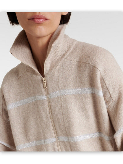 Beige striped zip-up Sequin Detail Stripe High-Neck Cardigan for stylish warmth