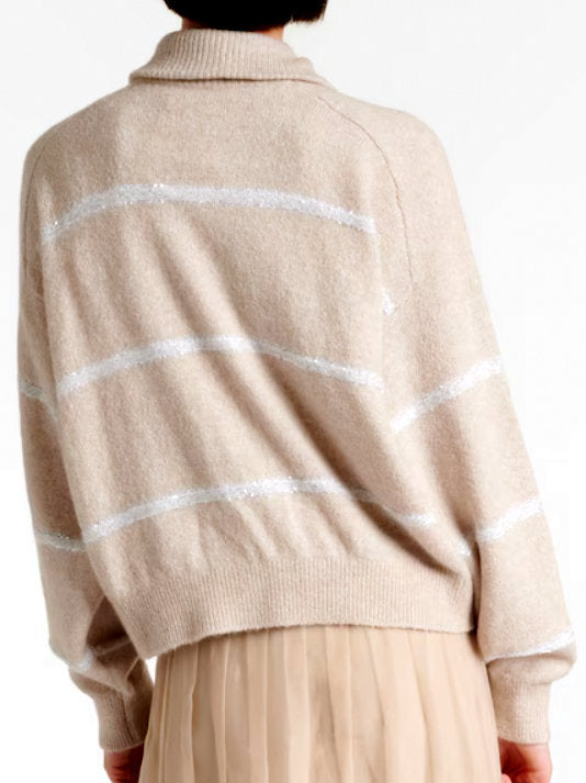 Beige Stripe High-Neck Cardigan with Silver Stripes for a Stylish Look