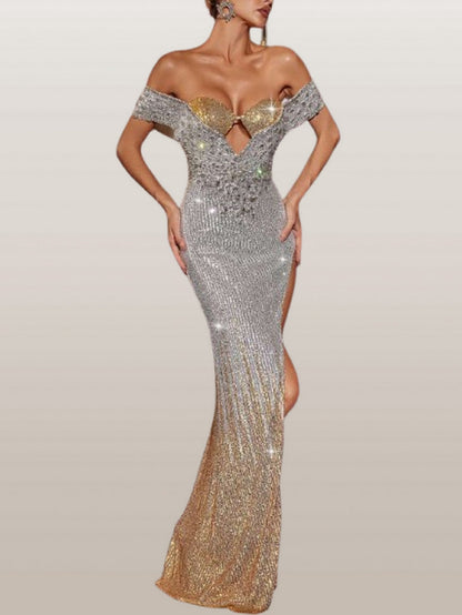 Sequin-Embellished Bardot Bralette Gown in Silver and Gold - Dresses