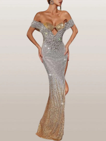 Sequin-Embellished Bardot Bralette Gown in Silver and Gold - Dresses