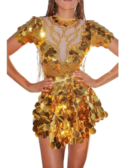 Sequin-Embellished Bodysuit and Skirt Set - S / Gold - Suits & Sets