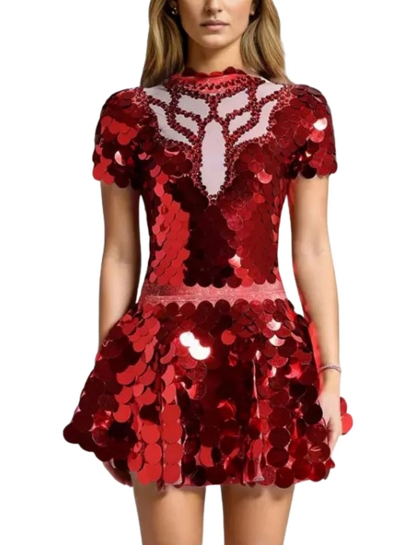Sequin-Embellished Bodysuit and Skirt Set - S / Red - Suits & Sets