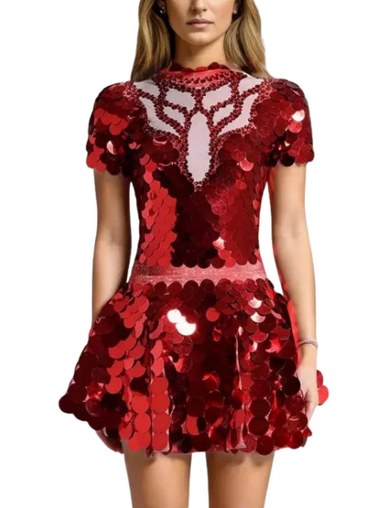 Sequin-Embellished Bodysuit and Skirt Set - S / Red - Suits & Sets