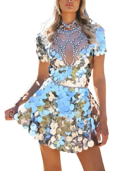 Sequin-Embellished Bodysuit and Skirt Set - S / Silver - Suits & Sets