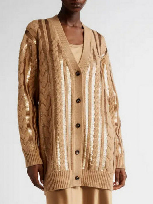 Tan sequin-embellished cashmere knit cardigan showcasing elegant cable-knit design