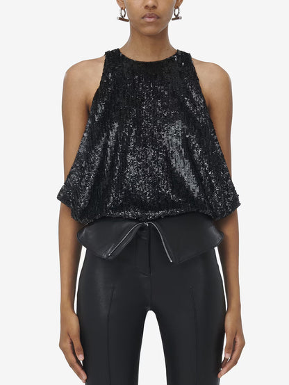 Sequin Embellished Draped Sleeveless Top - Tops