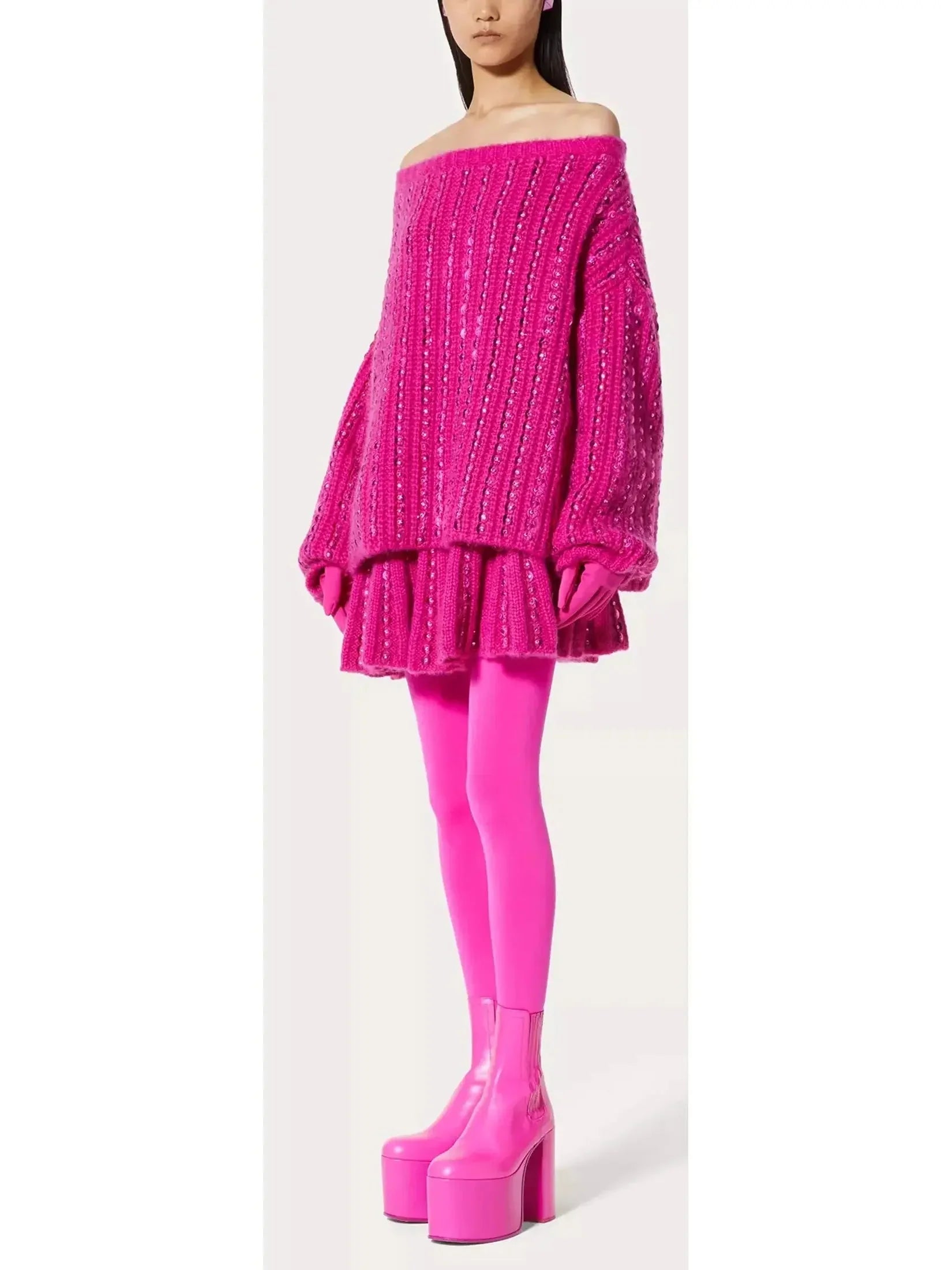 Sequin Embellished Knit Mini Skirt in Fuchsia Pink - Skirts