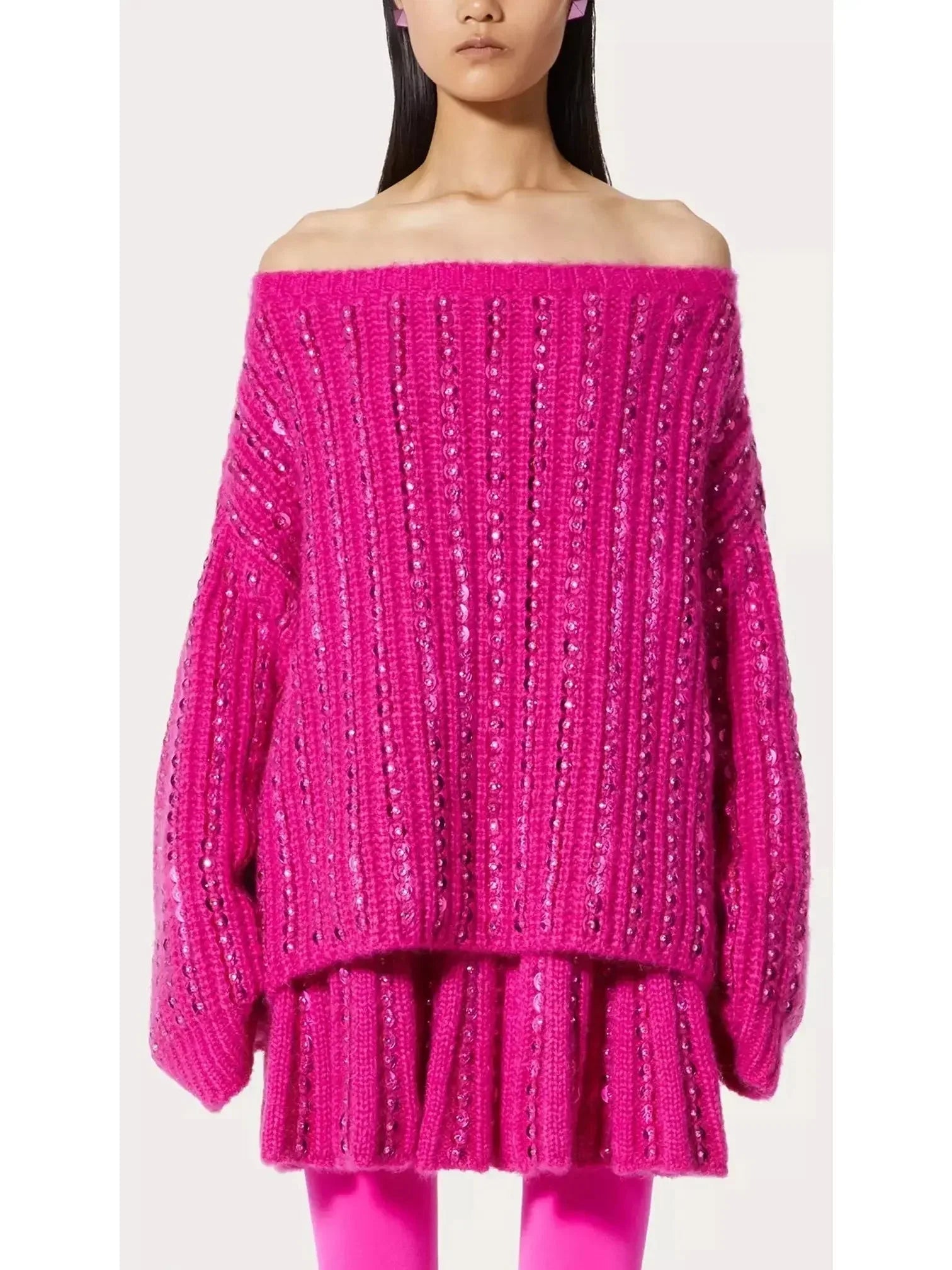 Sequin Embellished Knit Mini Skirt in Fuchsia Pink - Skirts