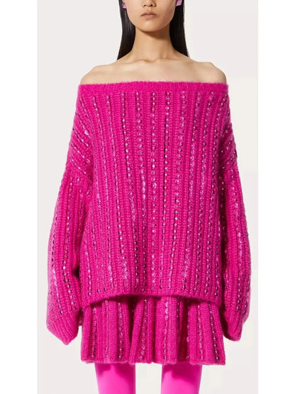 Sequin Embellished Knit Mini Skirt in Fuchsia Pink - Skirts
