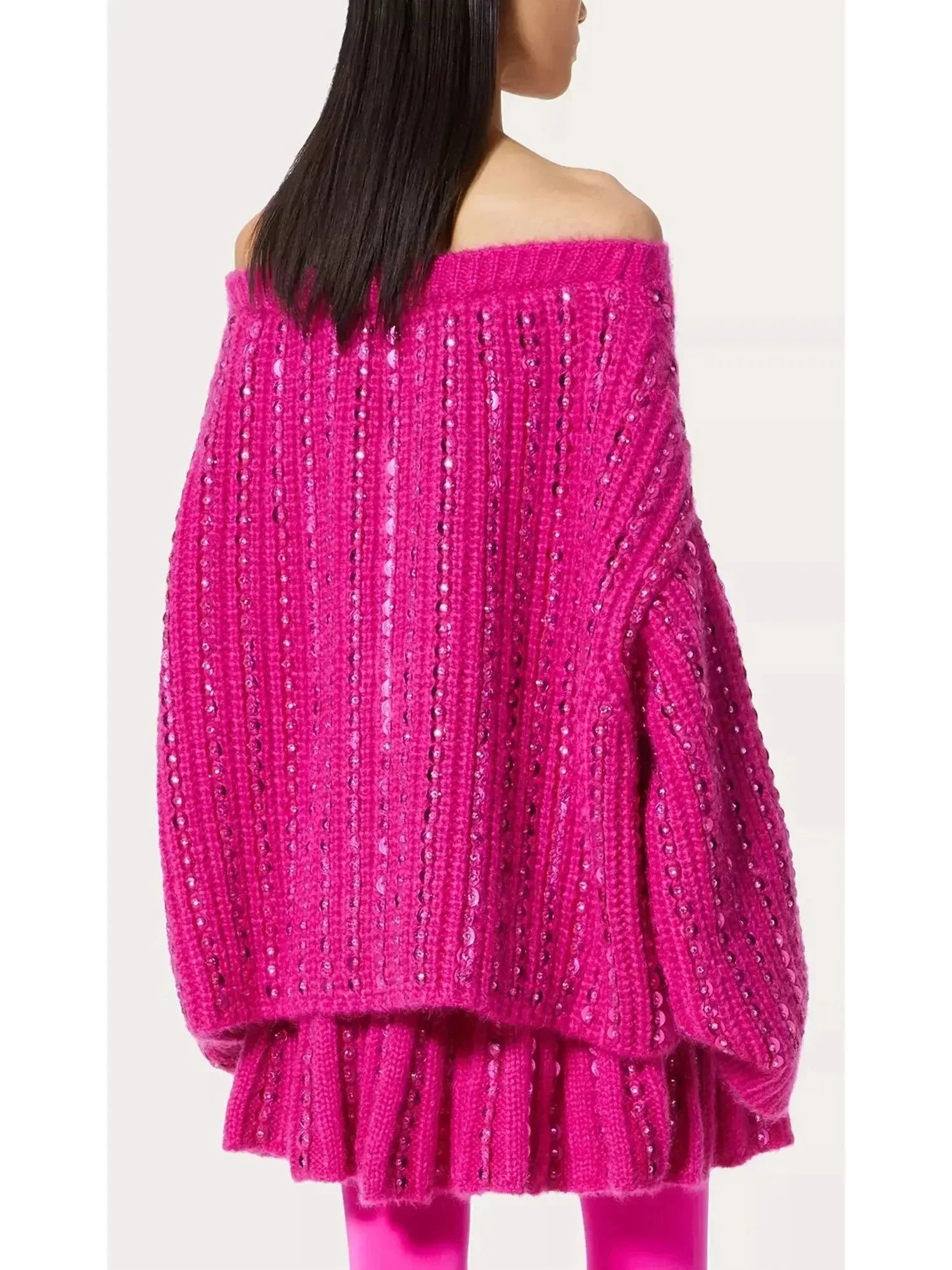 Sequin Embellished Knit Mini Skirt in Fuchsia Pink - Skirts