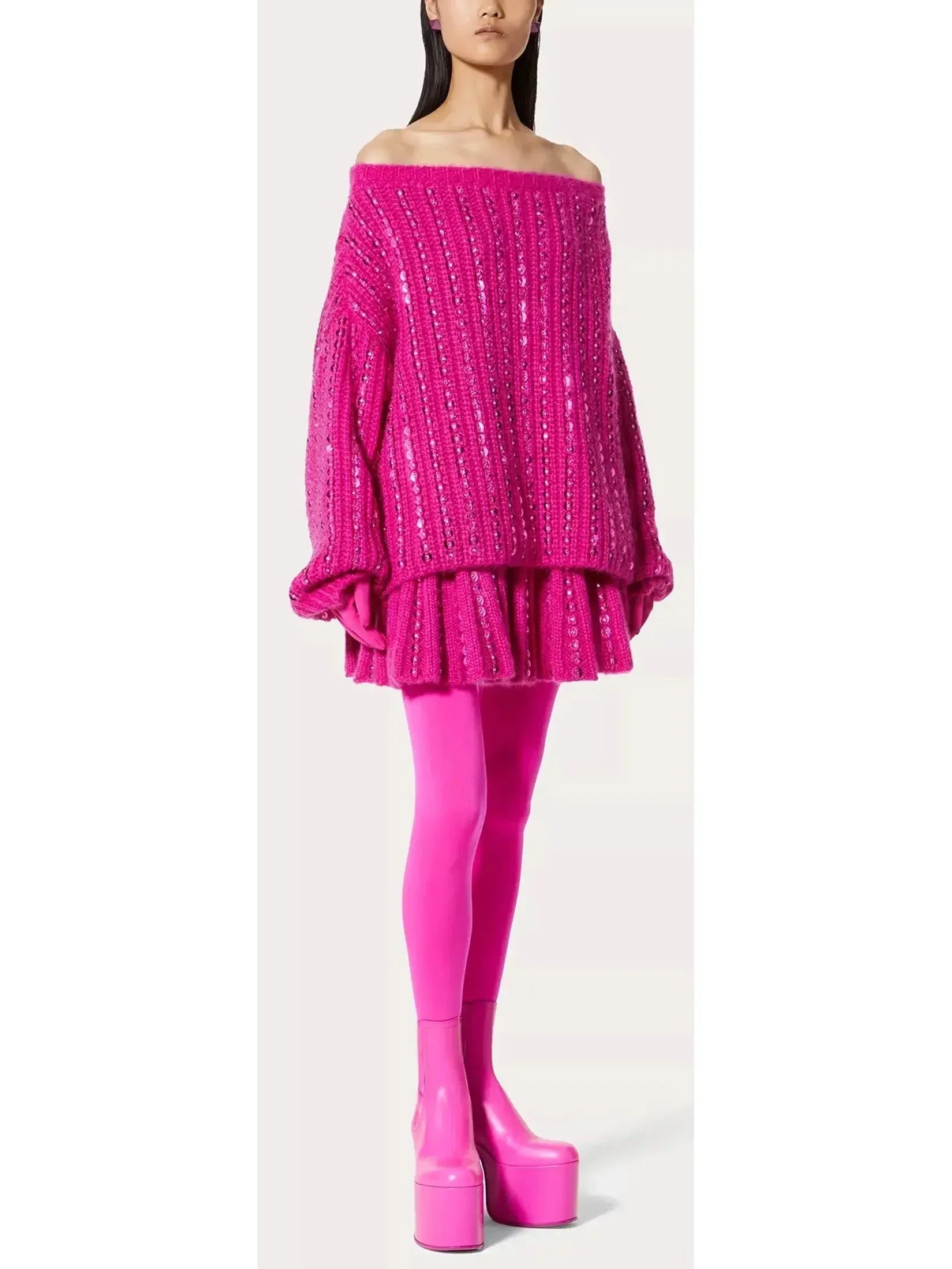 Sequin Embellished Knit Mini Skirt in Fuchsia Pink - Skirts