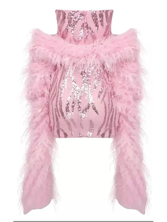 Sequin-Embellished Mesh Corset Bustier Dress with Feather Scarf - Dresses