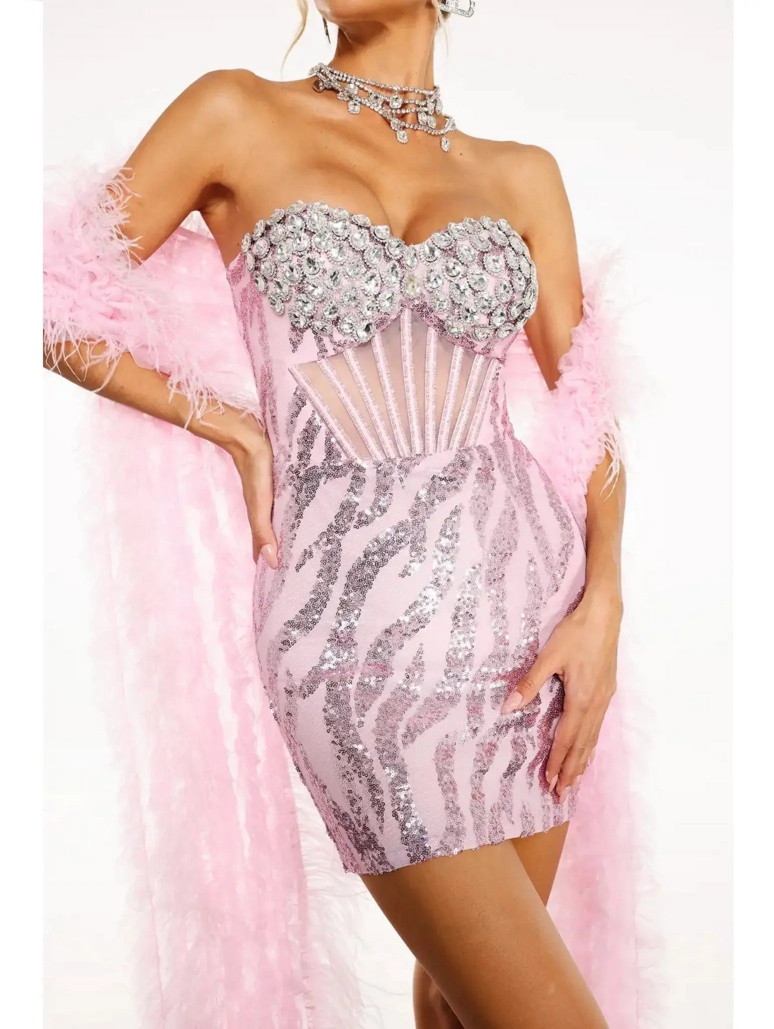 Sequin-Embellished Mesh Corset Bustier Dress with Feather Scarf - Dresses