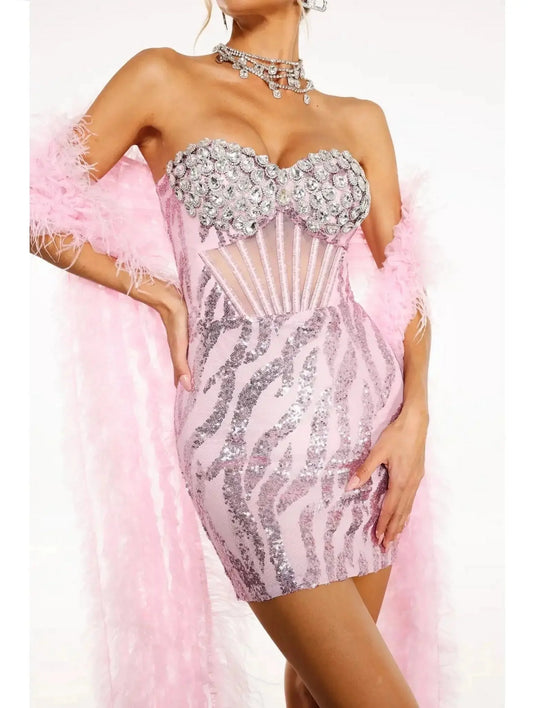 Sequin-Embellished Mesh Corset Bustier Dress with Feather Scarf - Dresses