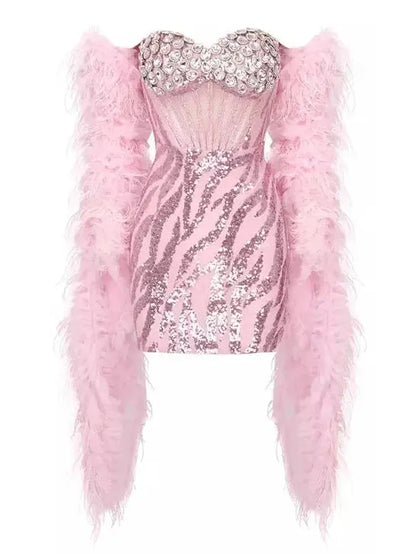 Sequin-Embellished Mesh Corset Bustier Dress with Feather Scarf - Dresses