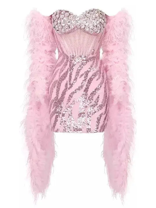 Sequin-Embellished Mesh Corset Bustier Dress with Feather Scarf - small - Dresses