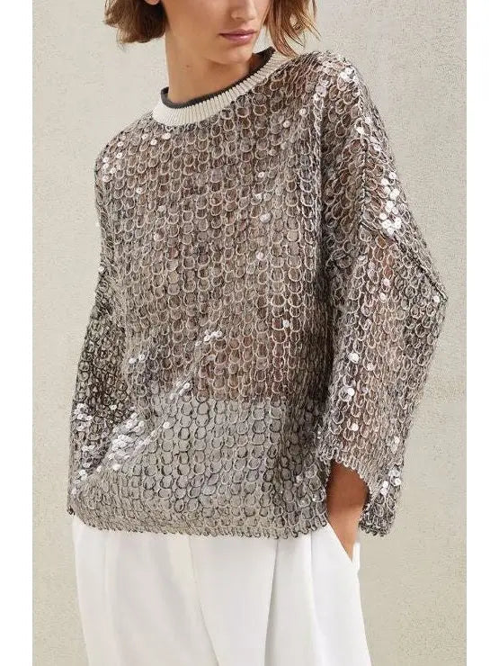 Sequin Embellished Open-Knit Cropped Sweater - Sweaters & Knitwear